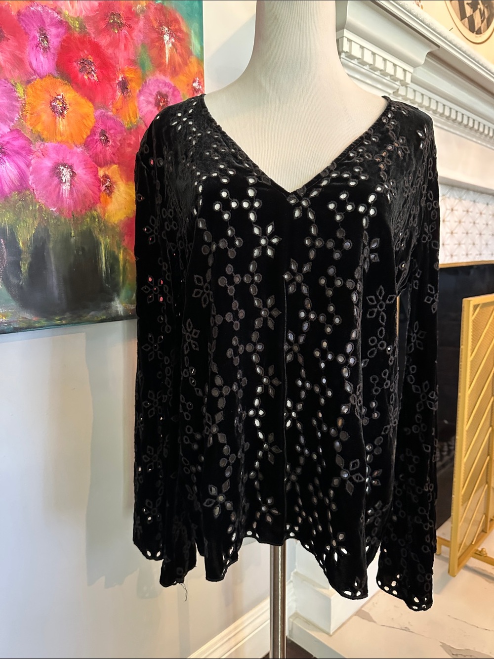 Johnny Was Black Velvet Cutout V-Neck Top